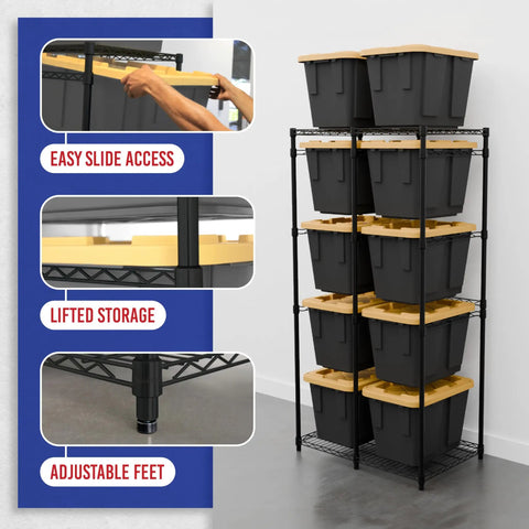 Heavy Duty Five Tier Steel Storage Rack With Ten Twelve Gallon Totes Black Clutter Buster Floor Saver Organizer For Garage Home Game Changer Setup For Everyday Use