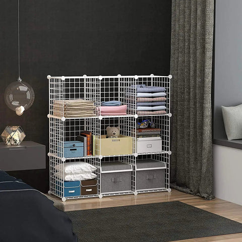 9-Cube Wire Storage Organizer System, Metal Grid Shelving, Modular Bookshelf and Closet Cabinet for Home Office Living Room, White Finish