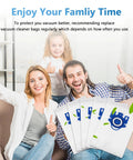 Family with 10 Pack 3D AirClean Vacuum Bags Replacement For Miele GN And S Series on sofa, smiling