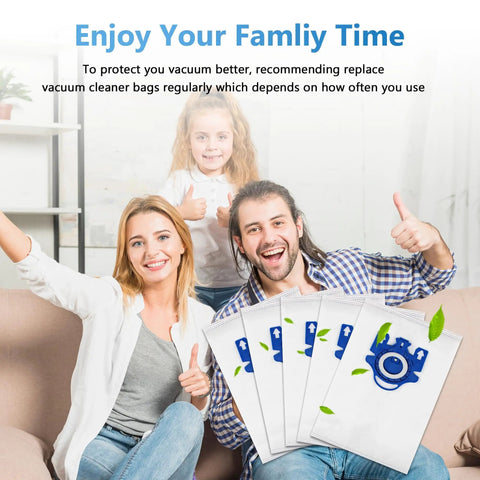 Family with 10 Pack 3D AirClean Vacuum Bags Replacement For Miele GN And S Series on sofa, smiling
