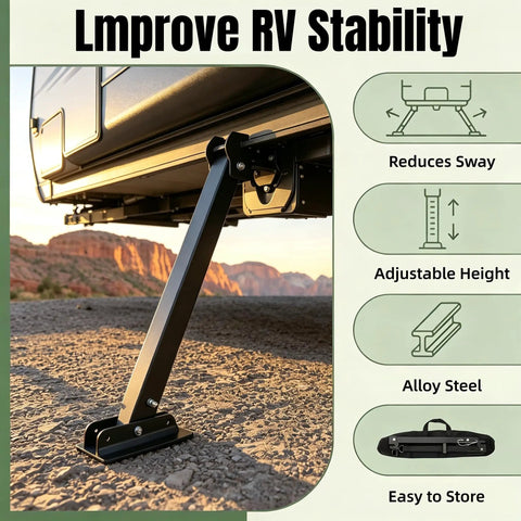 Heavy Duty Aluminum RV Anti-Wobble Stabilizer With Ratchet Tension under parked RV