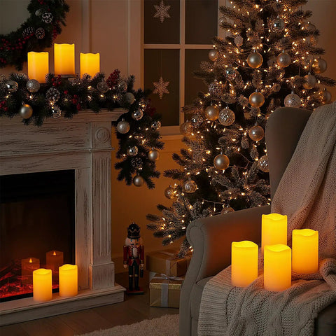 2 Pack 10 Inch Outdoor Flameless LED Candles With Remote Control And 2H 4H 6H 8H Timer, Battery Operated Pillar Candles on fireplace