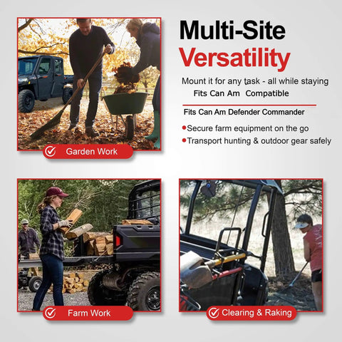Multi-site versatility for Dual Tool Hook Kit For Can Am Defender with toolless bed rail install in garden, farm, and clearing scenes.