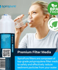 Inline Sediment Water Filter With One Quarter Inch Quick Connect For Fridges And Ice Makers Offers Slick Plug And Play Install That Knocks Out Grit Daily, featuring a woman drinking clean water.
