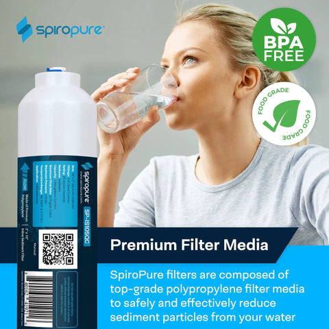 Inline Sediment Water Filter With One Quarter Inch Quick Connect For Fridges And Ice Makers Offers Slick Plug And Play Install That Knocks Out Grit Daily, featuring a woman drinking clean water.
