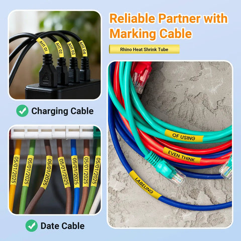 No Sweat Heat Shrink Tube Labels Compatible With Dymo 18052 Printers 3 Pack Quarter Inch Black On Yellow Cable Markers on charging and date cables.