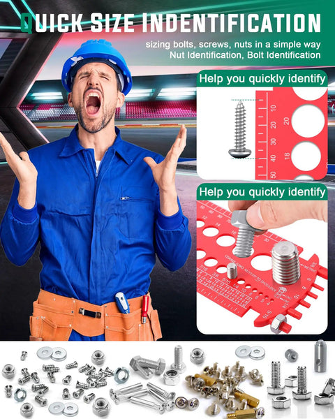 Quick Bolt Sizer Tool for Nuts and Bolts, Metric and SAE Gauge in use, showing bolt size identification, with various hardware items.