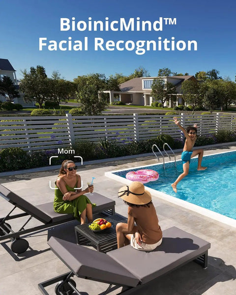Home Security Hub With 16TB Expandable Local Storage by pool with BionicMind™ Facial Recognition, showing family relaxation.