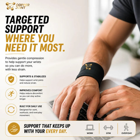 Copper-Infused Wrist Compression Sleeve Providing 20-30 MmHg Support For All-Day Wear Hand Stability For Weightlifting Yoga Bowling And Other Sports 1 Pair Small in use while typing on a keyboard