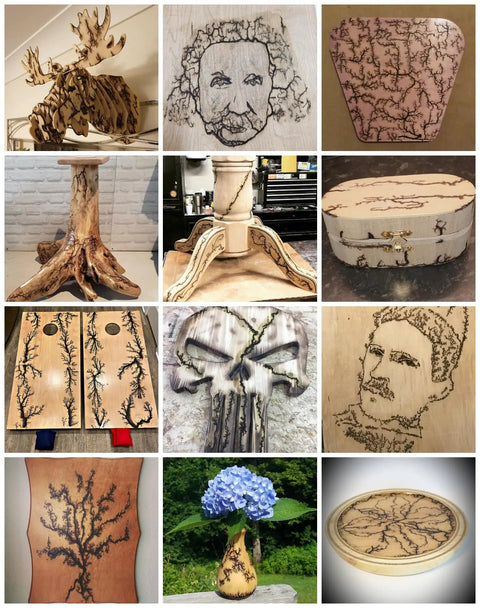High Voltage Fractal Wood Burning Kit With 10kV Neon Sign Transformer Brass Rods Gloves Foot Switch And Accessories showcasing wood art