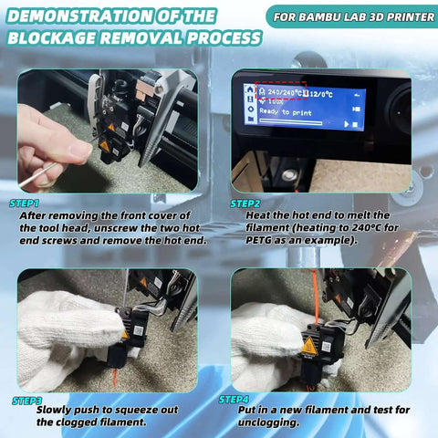Step-by-step guide on using Long Reach Nozzle Poking Tool for 1.75mm 3D Printer Nozzles in a Bambu Lab 3D Printer blockage removal process.