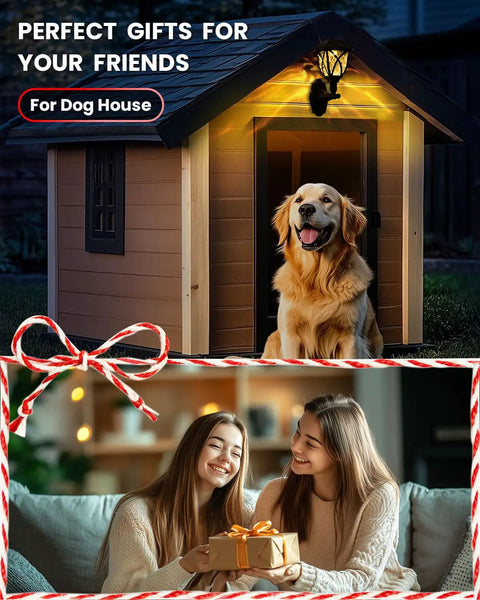 Solar Wall Lanterns Two Pack, Waterproof Decorative Solar Powered Lights illuminating doghouse at night
