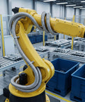 Heavy Duty Flexible Stainless Steel Electrical Wiring Conduit protecting cables on a yellow robotic arm in an industrial setting.