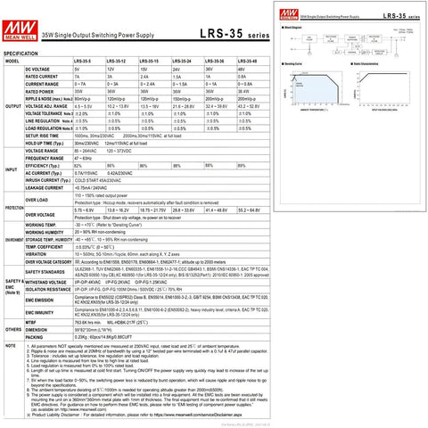 Rock Solid 35W Switching Power Supply LRS-35 series specifications for reliable 24V at 1.5A, detailing performance and safety features.