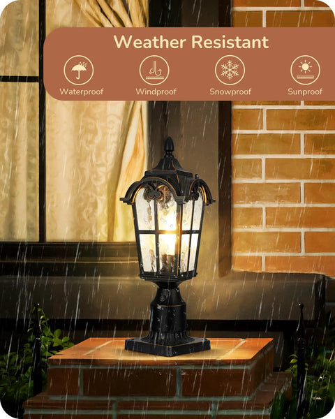 Dusk To Dawn Outdoor Post Light With Pier Mount Base Black Roman Weatherproof Lamp Post Lantern With Water Ripple Glass