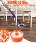 Person cleaning floor with vacuum, showing Four Pack Replacement Vacuum Filter Elements For Powerseries Extreme Cordless Stick Vacuum BSV2020G And BSV2020P Compatible With Craftsman Filters N858184 Easy Snap In Fit Built To Last.