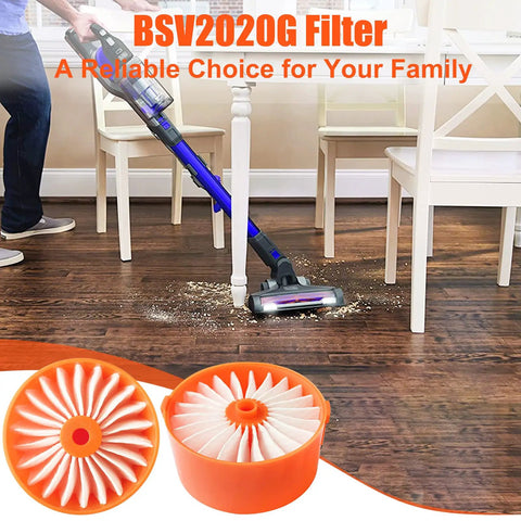Person cleaning floor with vacuum, showing Four Pack Replacement Vacuum Filter Elements For Powerseries Extreme Cordless Stick Vacuum BSV2020G And BSV2020P Compatible With Craftsman Filters N858184 Easy Snap In Fit Built To Last.