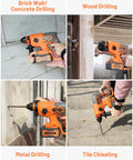 Cordless Rotary Hammer Drill With Brushless Motor, 4 Modes, Variable Speed, SDS Plus Chuck, 21V used on various surfaces