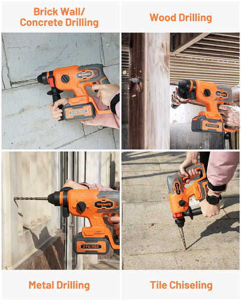 Cordless Rotary Hammer Drill With Brushless Motor, 4 Modes, Variable Speed, SDS Plus Chuck, 21V used on various surfaces