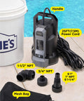 Auto Sump Pump With Half HP Submersible Motor 2500 GPH Capacity visible with hose adapters and mesh bag on poolside