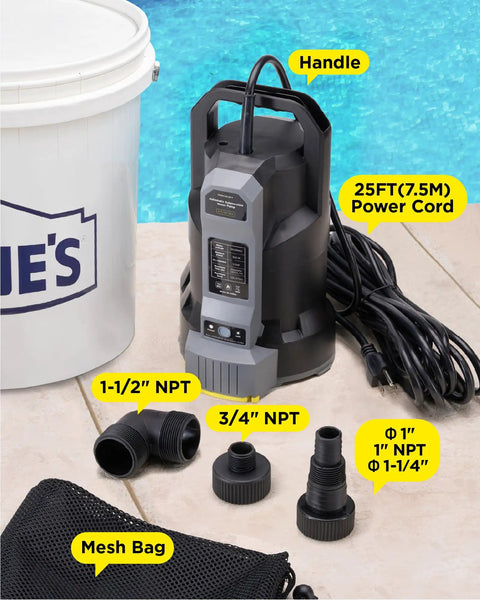 Auto Sump Pump With Half HP Submersible Motor 2500 GPH Capacity visible with hose adapters and mesh bag on poolside