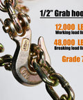 Tough As Nails Half Inch Tow Chain Clevis Grab Hook Two Pack G Seventy Forged Steel With Twelve K Working Load Limit, shown with chain.