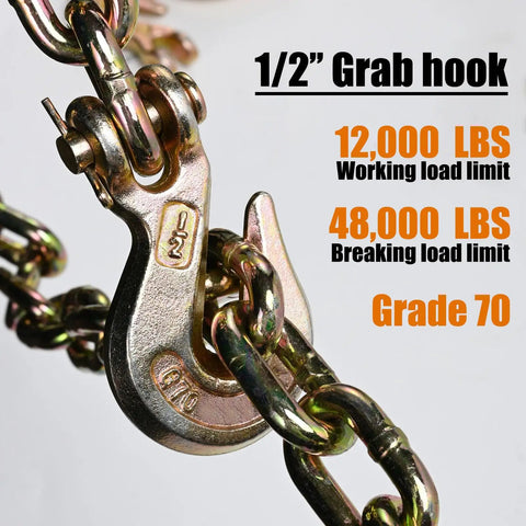 Tough As Nails Half Inch Tow Chain Clevis Grab Hook Two Pack G Seventy Forged Steel With Twelve K Working Load Limit, shown with chain.