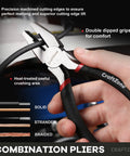 Close-up of a hand using combination pliers with double dipped grips, view of solid, stranded, and braided wire cutting.