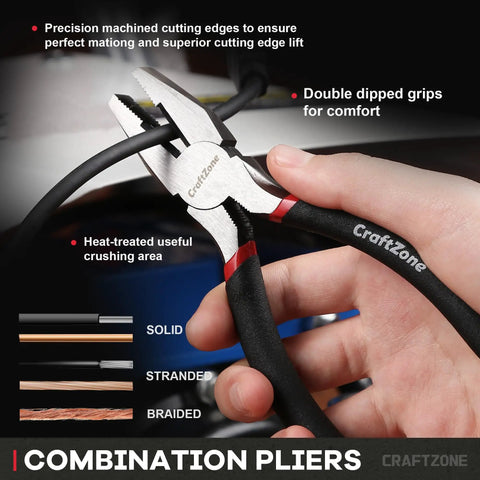 Close-up of a hand using combination pliers with double dipped grips, view of solid, stranded, and braided wire cutting.