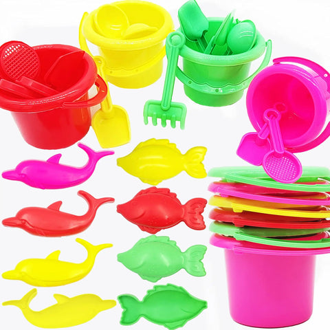 Six Pack Beach Day Playsets for Kids includes colorful buckets, shovels, rakes, dolphin and fish sand trays for sandcastle fun.