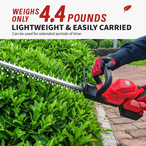 Person using Cordless Hedge Trimmer With Swivel Handle and 52cm Dual-Action Blade, Brushless Motor, on garden shrubs
