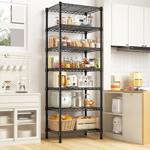 Heavy Duty 7 Tier Metal Shelving Unit Built to Last With 1176 Lbs Total Capacity 71 Inches Tall By 18 Inches Wide By 18 Inches Deep Sturdy Steel Wire Shelves For Garage Kitchen Living Room And Bathroom Storage, black kitchen shelf
