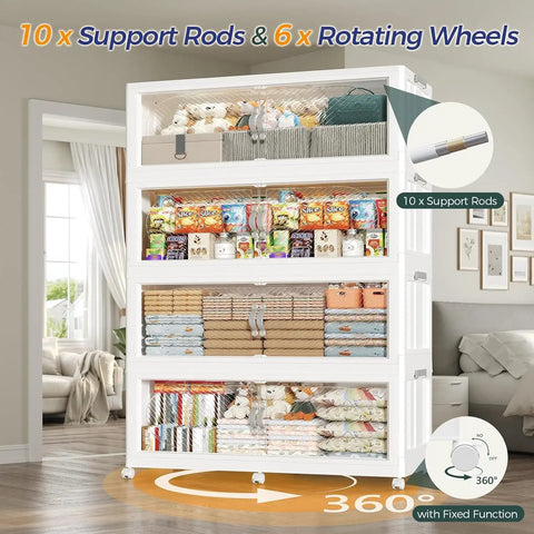 Front view of Big Ol 960 Quart Extra Large Stackable Storage Bins With Lid 4 Tier 240 Gallon Plastic Closet Organizer With Wheels And Clear Doors For Home Kitchen And Office White 4 Pack showcasing contents
