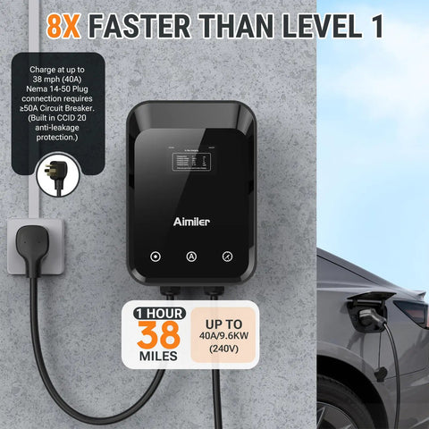 Level 2 Ev Charger 40 Amp 9.6 Kw With Nema 14-50 Plug And 25 Ft Cable, J1772 Connector Etl Certified charging at 38 mph next to a parked car.