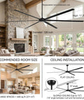Massive 120 Inch Industrial Black Ceiling Fan With No Lights Ultra High Airflow 36000 CFM For Shops Garages Barns 6 Speed Reversible DC Motor Remote Control 6 Aluminum Blades ETL Certified in detailed living room installation guide.