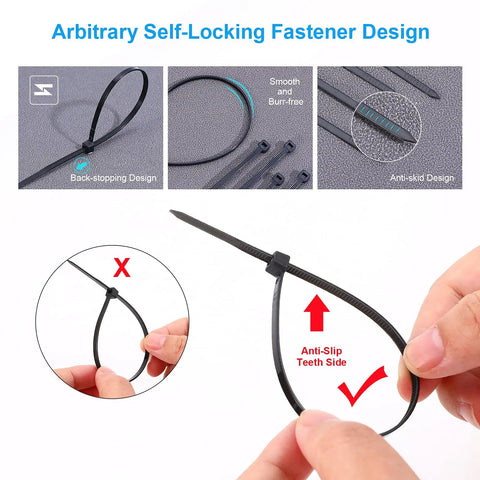 Self-locking black nylon cable zip ties design with anti-slip features from Heavy Duty Nylon Cable Zip Ties Set 2000 Pcs Assorted 4 Inch To 12 Inch
