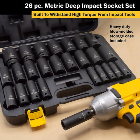 Half Inch Drive Deep Impact Socket Set 26 Piece, Metric Sockets with Chromemoly Construction in blow molded case