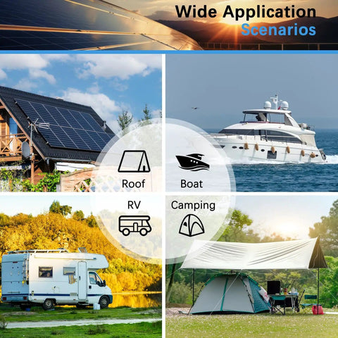 100 Amp MPPT Solar Charger Controller For 12V And 24V Systems With LCD Display Dual USB Ports Adjustable Parameters And Three Load Modes For Lead Acid Lithium Ion And Lithium Iron Phosphate Batteries used in various scenarios like roof installations, boats, RVs, and camping setups.