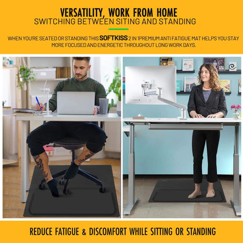 Individuals working at desks with Anti Fatigue Standing Desk Mat For Hardwood Floors With Cushioned Foam Foot Support 48 By 36 Inch Desk Chair Mat Scratch Resistant Waterproof Non Slip Surface Soft Ergonomic Cushion For Long Workdays underfoot.