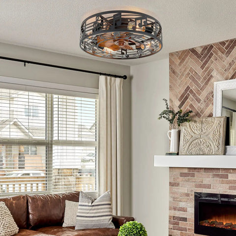 Caged Ceiling Fan With Lights 20 Inch Industrial Farmhouse installed in living room with fireplace and brown sofa