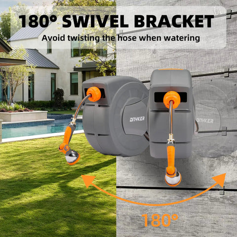 Retractable Garden Hose Reel With Wall Mount Half Inch By One Hundred Foot Hose Lock Any Length Slow Auto Rewind 180 Degree Swivel