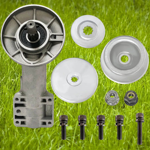 Beefed Up Trimmer Gear Head Replacement Kit with gearbox, thrust washer, rider plate, M10x1 left-hand thread nuts displayed on grass