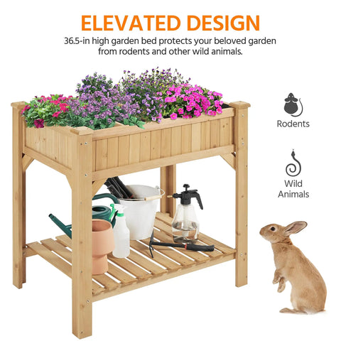 Raised Garden Bed With Grow Grid, 36 Inch High By 25 Inch Wide By 37 Inch Long, Eight Pocket Herb Planter With tools on lower shelf.