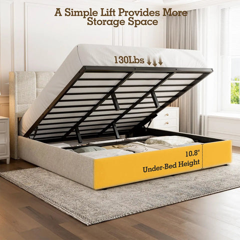 Heavy Duty King Size Upholstered Bed Frame Boasting Smooth Hydraulic Gas Lift with Under-bed Storage Open View