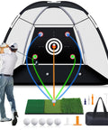 All In One Golf Practice Net With Target Mat For Indoor And Outdoor Backyard Swing Training 10 By 7 Ft Hitting Net With Tri Turf Mat For Driving Chipping And Putting Gifts For Men Dad Golfer shown with golfer, target, balls, and bag