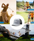 Collage featuring Vintage Heather Grey Trucker Hat For Women, Yacht Inspired Summer Cap with golf, mountaineering, sports, and leisure scenes.