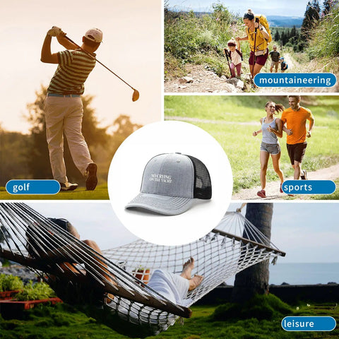 Collage featuring Vintage Heather Grey Trucker Hat For Women, Yacht Inspired Summer Cap with golf, mountaineering, sports, and leisure scenes.