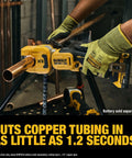 20V Max XR Copper Tubing Cutter For 1/4 Inch To 1-1/4 Inch Copper Tubing K L M Hard And Soft Pipe in use, cutting copper pipe.