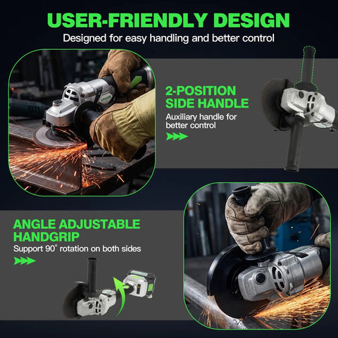 Heavy Duty Cordless Angle Grinder With Brushless Motor And 125mm Discs Featuring Three Speed Settings for user-friendly control in metalwork.