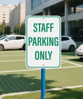Two Pack Built Tough Reflective Parking Signs For Office Staff And Employees 18 By 12 Inch Aluminum Heavy Duty Surface Top Shelf Visibility No Nonsense Vehicle Lot Markers - Staff Parking Only sign in parking lot